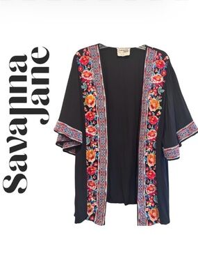 Savanna Jane Black Floral Embroidered Kimono Cardigan Boho Top L